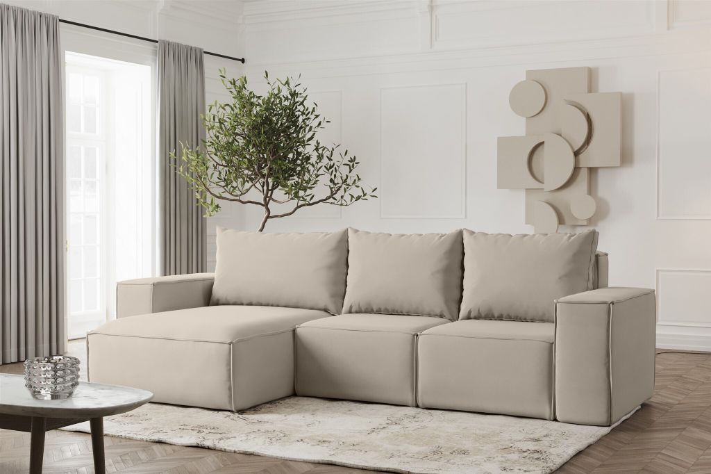 Ecksofa Designersofa ESTELLE in Stoff Opera Velvet Pearl Ottomane Links