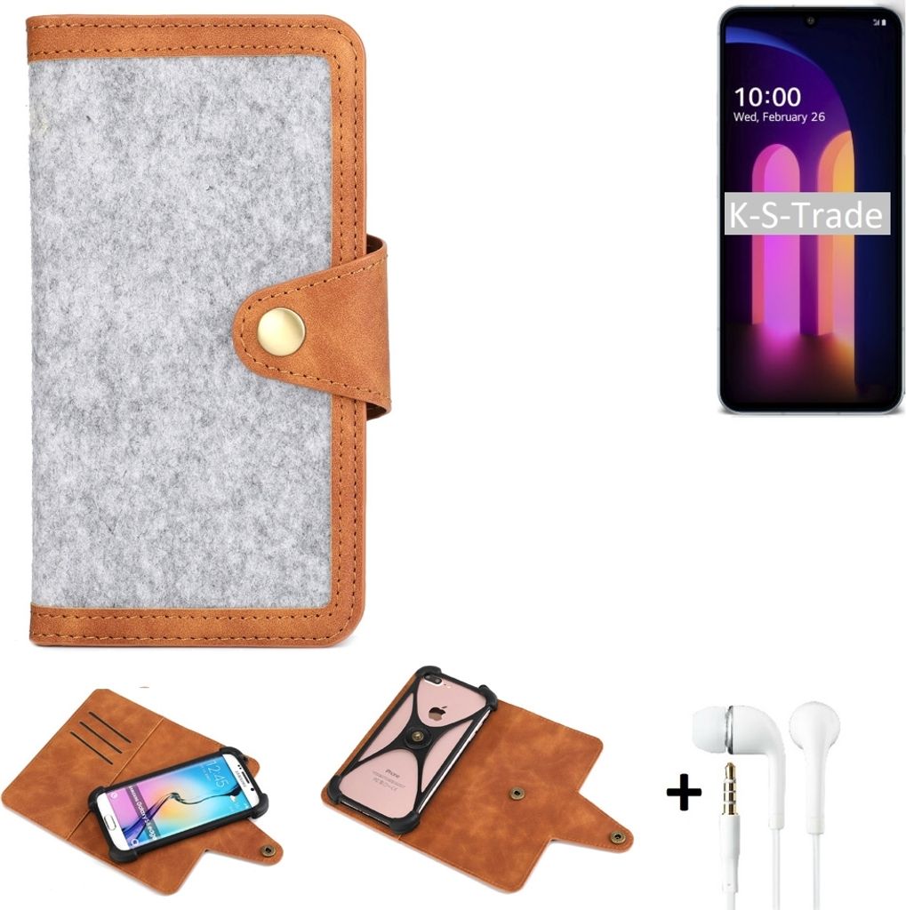 K-S-Trade Handyhülle + Kopfhörer kompatibel mit LG Electronics V60 ThinQ 5G Schutzhülle Filz Hülle Kunstleder hellgrau braun (1x)