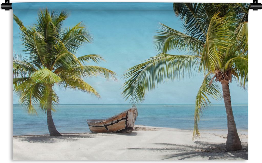 MuchoWow Wandteppich Wandbehang Palme - Boot - Strand 90x60 cm Tapisserie Dekoration Wandtuch - Wandskulpturen - Bildteppich