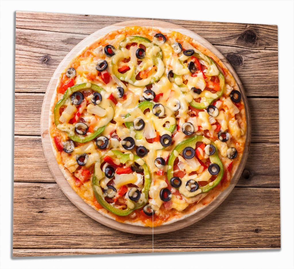 Wallario Herdabdeckplatte aus Glas, Größe 60 x 52 cm 2-teilig, Motiv Italienische Pizza mit Peperoni, Oliven. Paprika und Käse