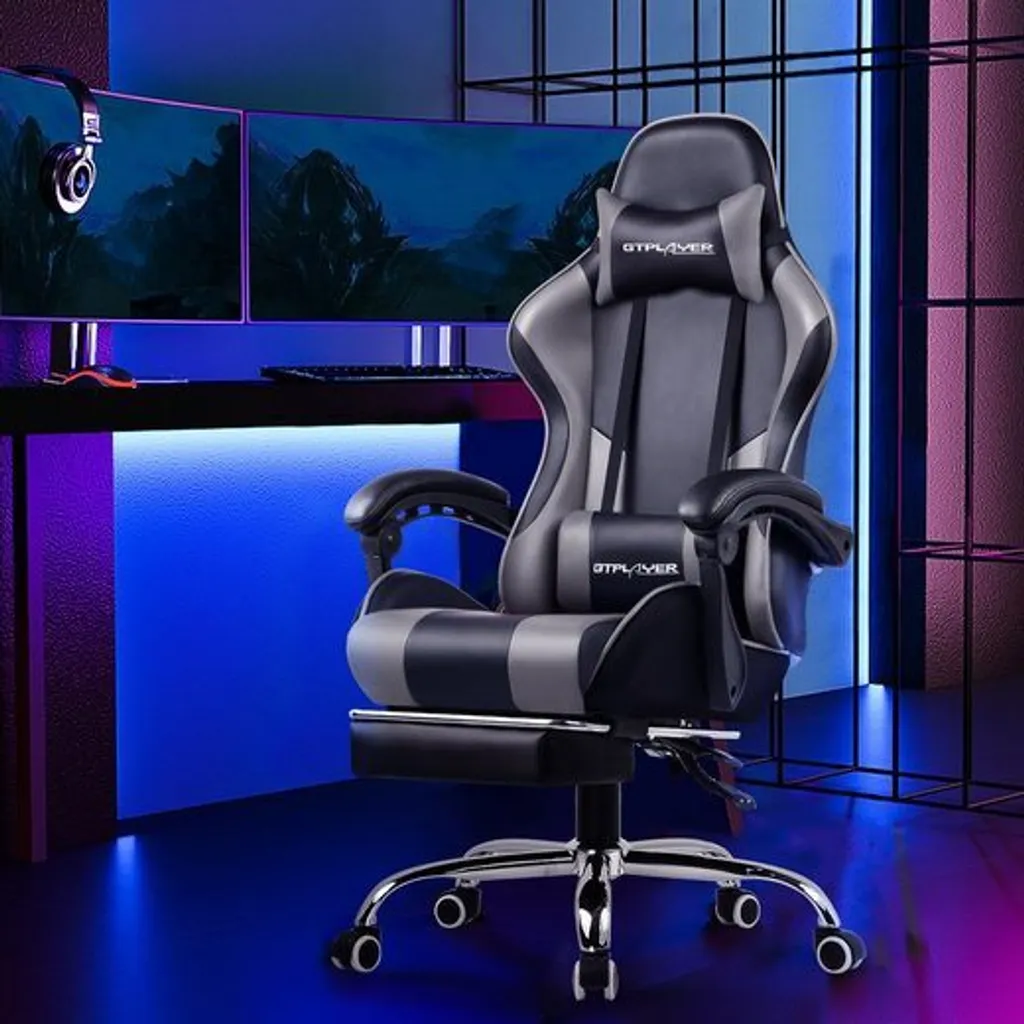 Chaise Gaming Confortable pour Longues Sessions avec Repose-pieds Gris - 7