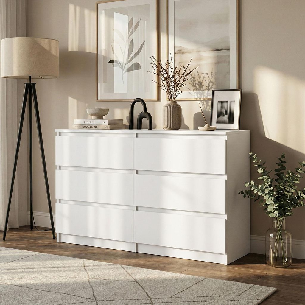 BEAUTYSOFA | Kommode LEMON 120 cm Weiß, Sideboard mit 6 Schubladen, Modernes Aufbewahrungsschrank für Schlafzimmer, Wohnzimmer und Flur