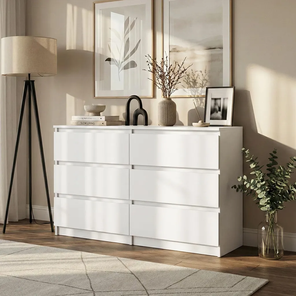 Meuble de Rangement Chambre et Salon - Commode Blanche 120 cm 6 Tiroirs