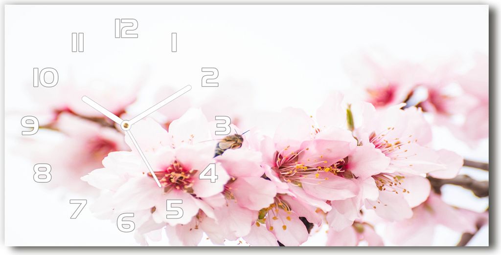 Wanduhr aus Glas – 60x30 cm - Glasbild - Glasuhr - Gehärtetes Glas - weisse-zeiger - Kirschblüten