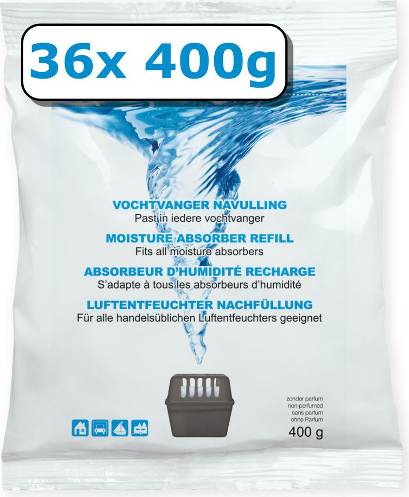 36x Luftentfeuchter Nachfüllung - 400 Gramm - duftneutral - Granulat im Vliesbeutel - Feuchtigkeit Absorber Nachfüllpack