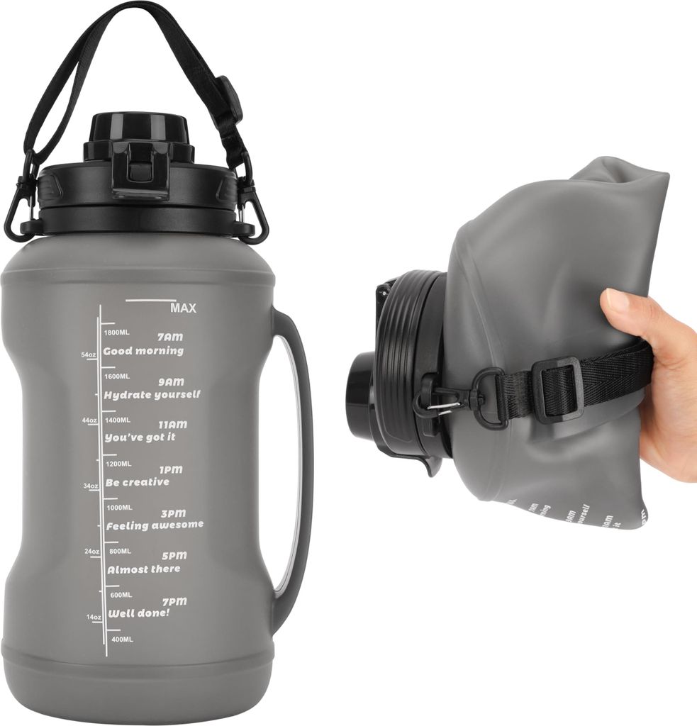 Belle Vous Trinkflasche 2 Liter - Zusammenklappbar - Silikon - Thermoskanne 2 L - mit Griff und Strohhalm - Wiederverwendbarer Becher 2l - für Cam...