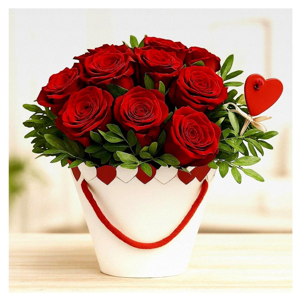 10 rote Rosen mit frischen Pistazienzweigen - Inklusive Herztasche, Herzstecker und Grußkarte