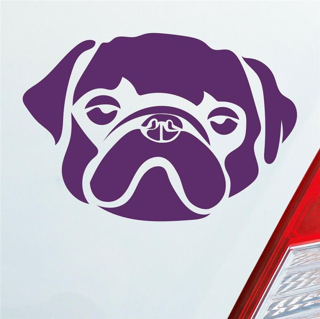 Auto Aufkleber süsser Mops Hund Dog Tier niedlich Puppy Kopf 13x9 cm Lila Sticker Heckscheibenaufkleber