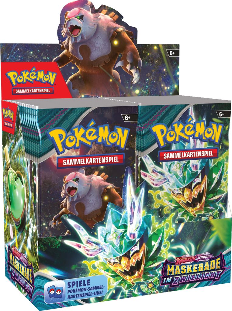 A display box of Pokémon trading card game booster packs, featuring artwork from the 'Maskerade im Zwielicht' set.