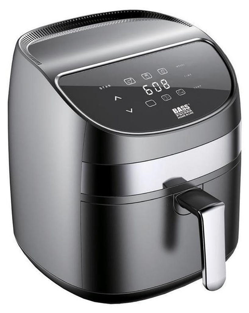 A silver and black air fryer with a digital display.