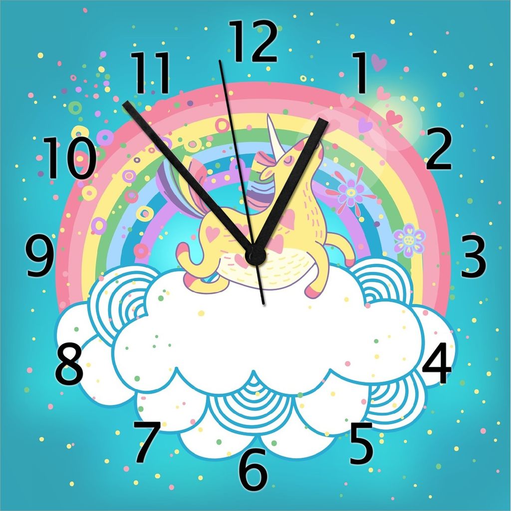 Wallario Design Wanduhr Lustiges Einhorn auf einer Wolke vor Regenbogen aus Echtglas, Größe 30 x 30 cm