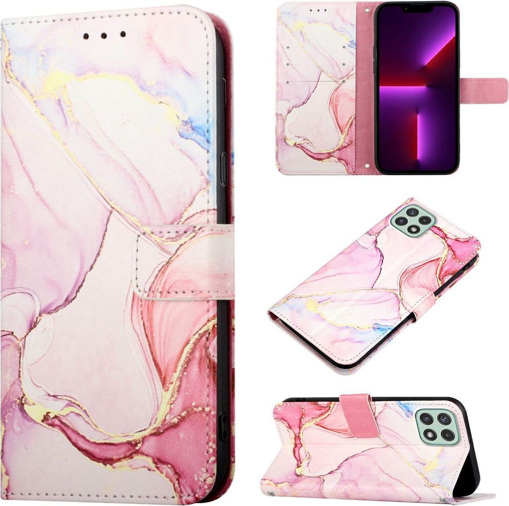Galaxy A22 5G Hülle, Marmor Motiv Kunstleder Tasche Wallet Kartenfächer mit Standfunktion Klapp Schutzhülle für Samsung Galaxy A22 5G Pink Weiß