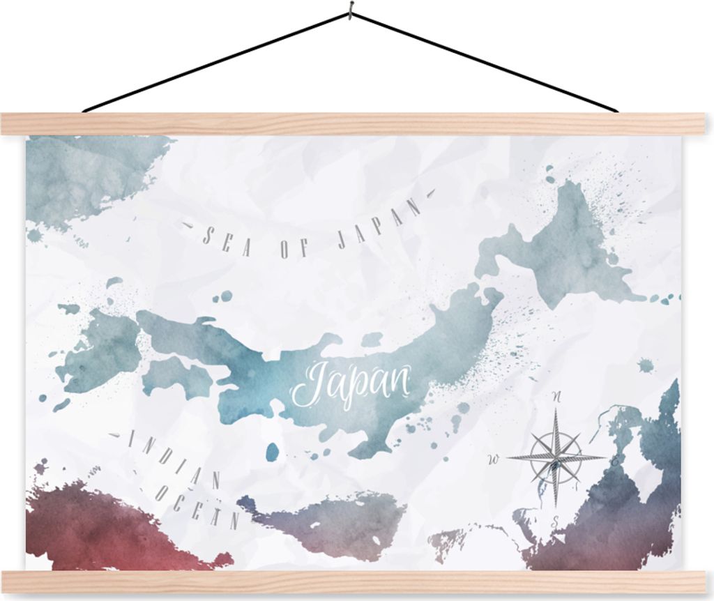 MuchoWow Textilposter Weltkarten - Japan - Silber 60x40 cm mit holzfarbenen Rahmen - Bilder