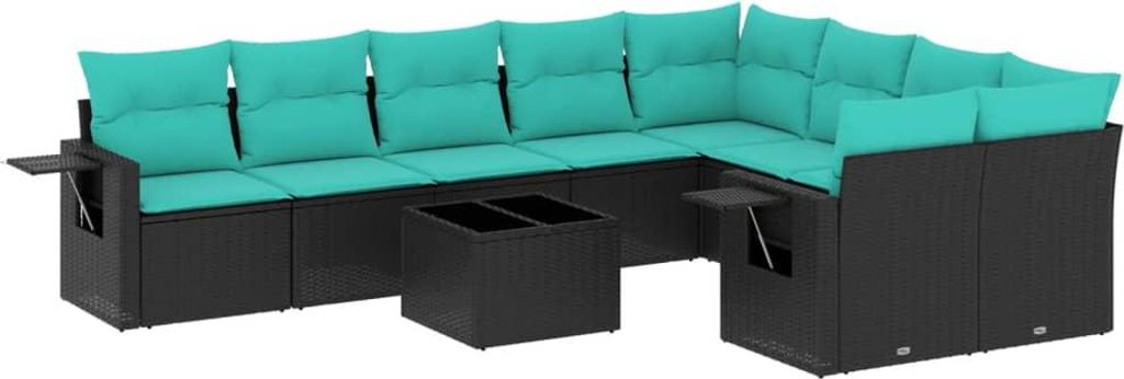 vidaXL 10-teiliges Gartensofa-Set mit Kissen, schwarzes Polyrattan