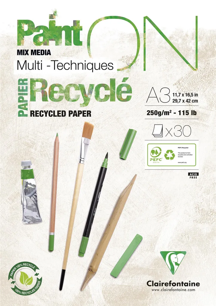 Bloc dessin A3 pour peinture et croquis Clairefontaine PAINT'ON Recyclé