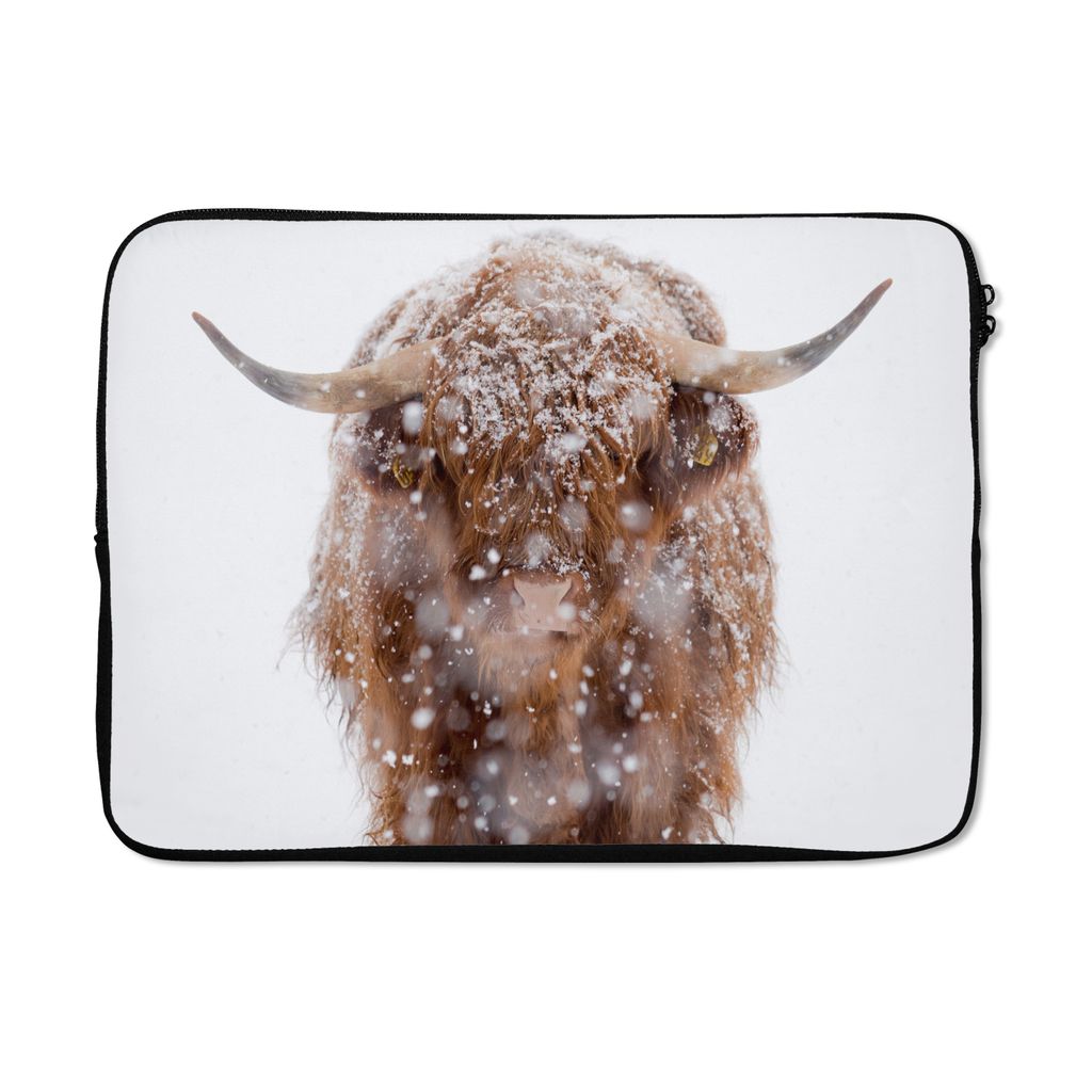 MuchoWow Laptop Hülle 14 ZollSchottischer Highlander - Hörner - Schnee Laptoptasche - Laptoptasche - Stoßsicher - Schutzhaube