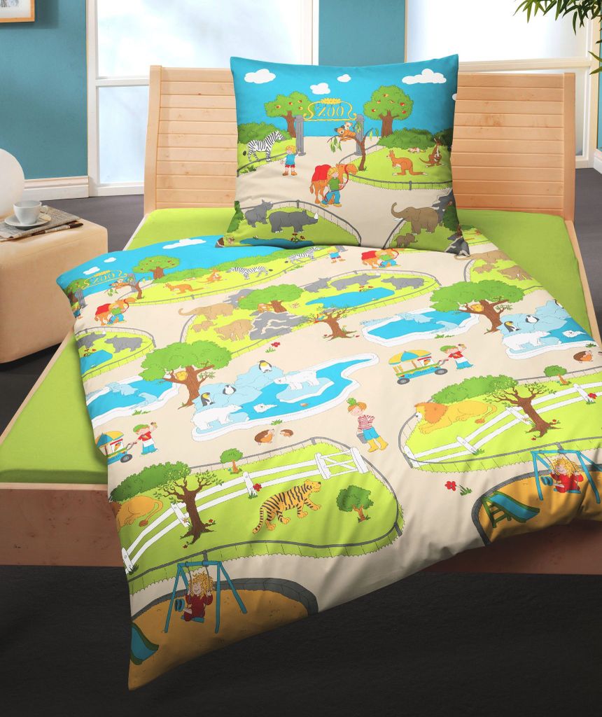 Bierbaum Kinder Biber Bettwäsche 2 tlg. 135x200cm Dinosaurier Pferde Astronaut Bauernhof Einhorn Fußball Baustelle, Farbe:Zoo