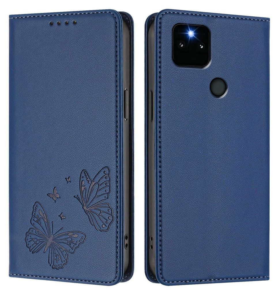 Lederhülle für Google Pixel 5A 5G, Schmetterling Prägung Leder Brieftasche Schutzhülle mit Ständer Dunkelblau