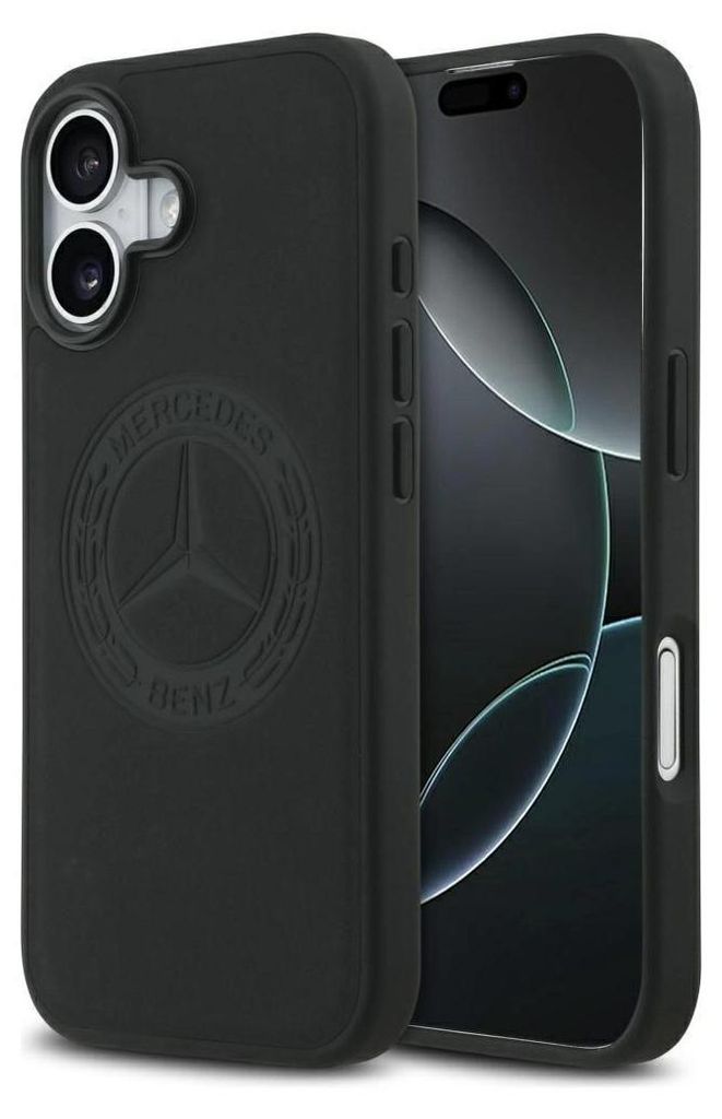 A black iPhone case with the Mercedes-Benz logo embossed on it, shown next to an iPhone.