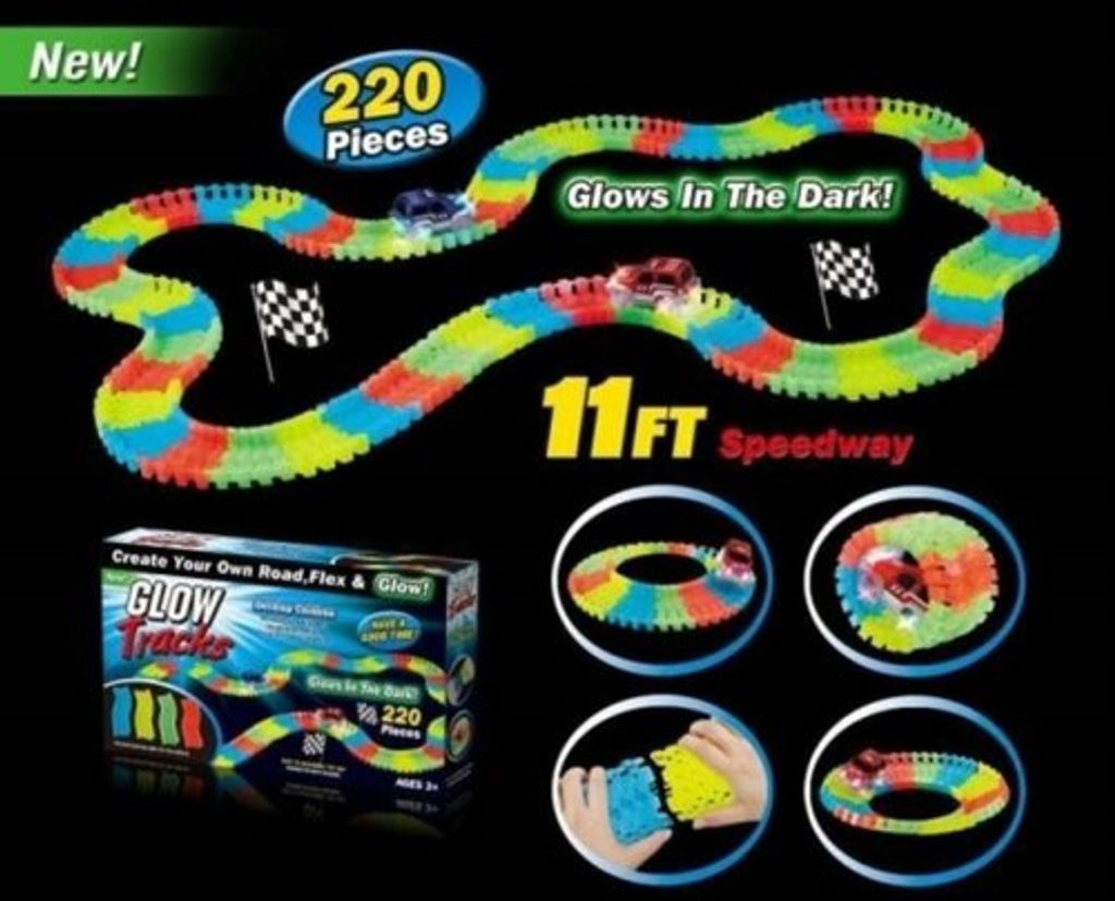 A marketing image for a glow-in-the-dark race track toy set, showing the track with cars and flags, along with packaging and detail shots.
