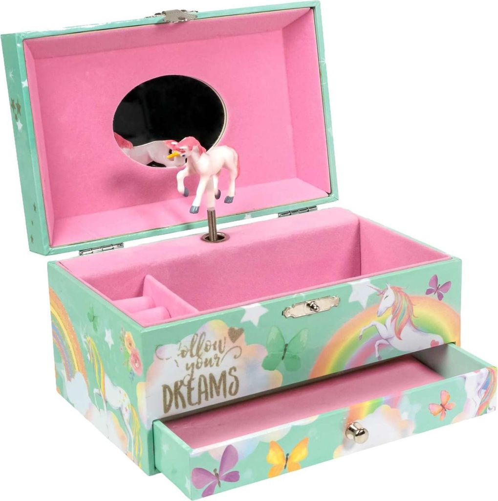 Intirilife Schmuckschatulle mit Spieluhr Musikschmuckdose mit Einhorn aus Holz und Samt - 17.8 x 11.3 x 9.5 cm - Schmuckkästchen für Mädchen Auf...