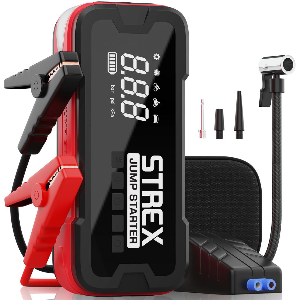 Strex 12V Starthilfe Powerbank fürs Auto mit Kompressor - 4000A / 24.000 mAh - 5-in-1 Starthilfe mit Kompressor, Powerbank, LED-Taschenlampe und S...