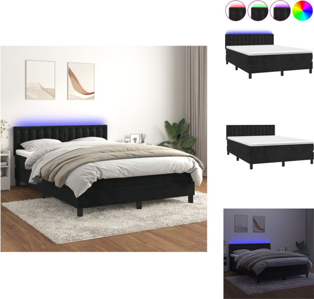 vidaXL Boxspringbett mit Matratze & LED Schwarz 140x200 cm Samt - Betten & Bettgestelle