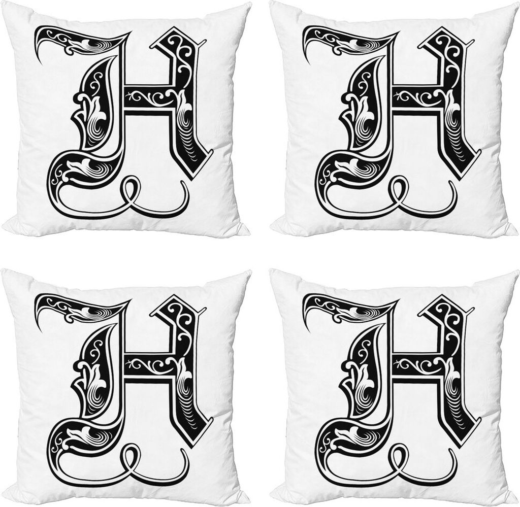 ABAKUHAUS Buchstabe H Kissenbezug Set (4 Stück), Rokoko Einflüsse, Moderner Doppelseitiger Digitaldruck, 60 cm x 60 cm, Schwarz-Weiss