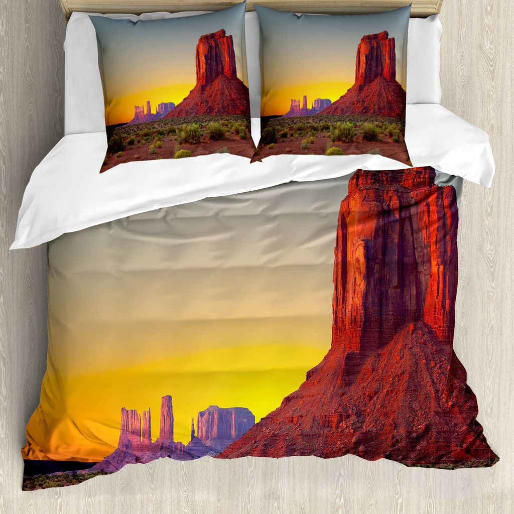 ABAKUHAUS Schlucht Bettbezug, Sunset at Valley Nature, Milbensicher Allergiker geeignet mit Kissenbezügen, 200 cm x 200 cm - 80 x 80 cm, rot Gelb