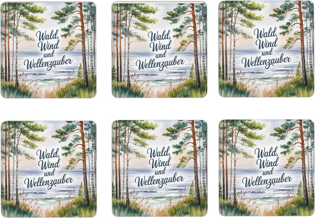 Ostsee Küstenwald 6er Set Untersetzer aus Holz - Wald, Wind und Wellenzauber