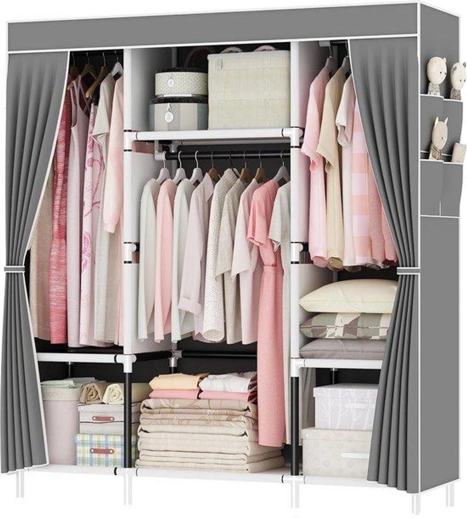 Grauer Kleiderschrank mit 3 Stangen und 7 Fächern, 175x150cm