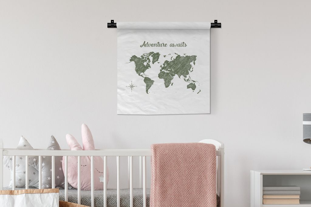 MuchoWow Wandteppich Wandbehang Weltkarte - Zitat - Grün 60x60 cm Tapisserie Dekoration Wandtuch - Dekorationen - Wand Decke