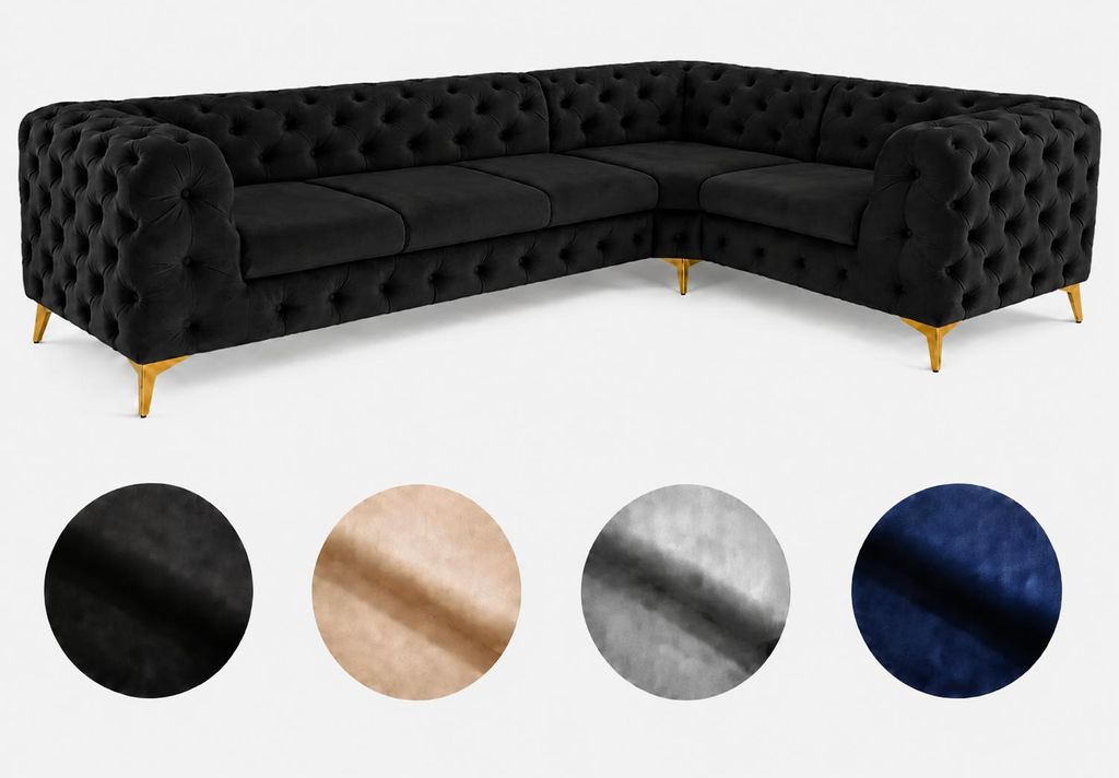 Ecksofa Moet L-Form schwarz 323x202 cm groß – Wohnlandschaft modern, gesteppt, Bonellfederkern, frei stellbar
