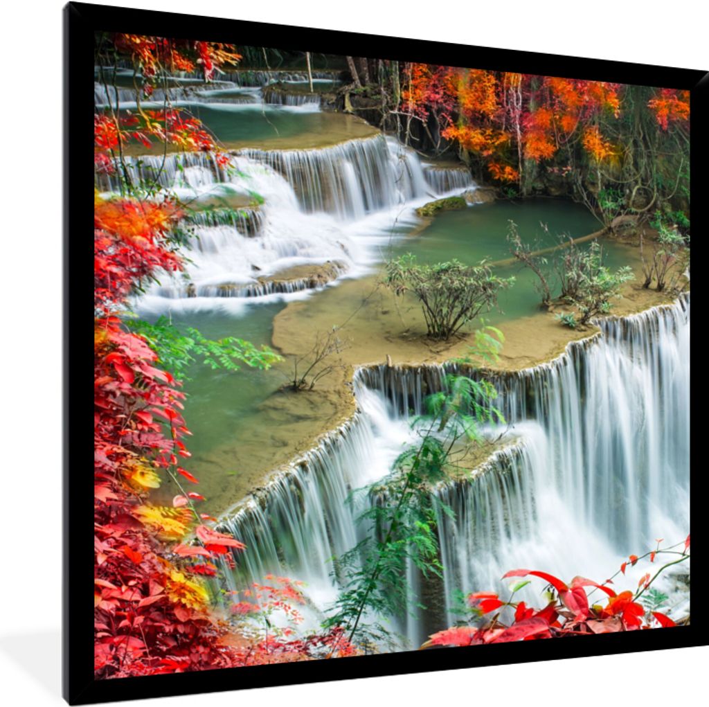 MuchoWow Gerahmtes Poster Bäume - Wasserfall - Herbst - Natur 40x40 cm - Poster mit Schwarzem Bilderrahmen Wandposter Rahmen Foto Bilder - Mit R...