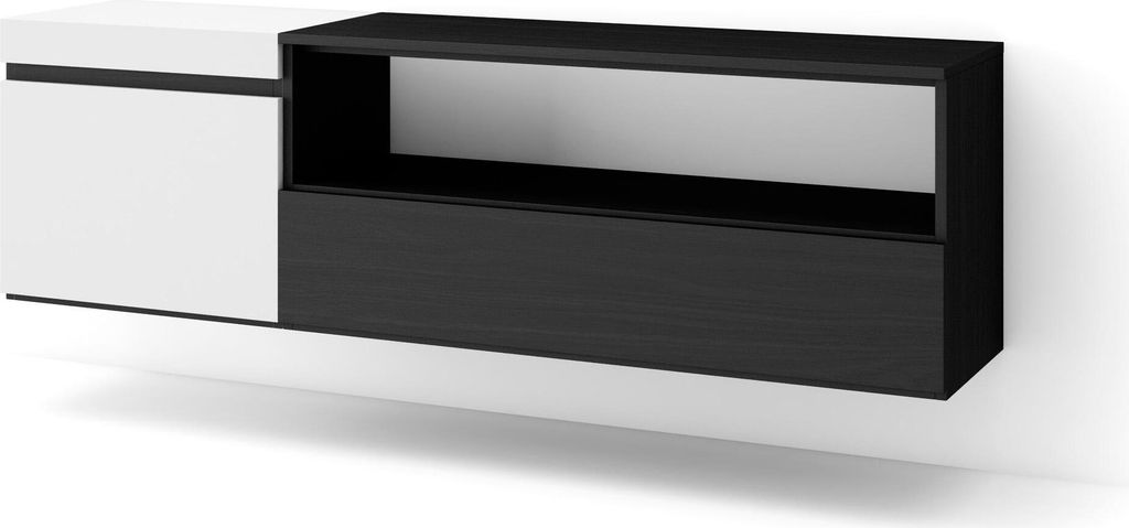 TV-Schrank, Lowboard, 150x35x45cm, Für TV-Geräte bis zu 65", Hängend, Weiß und Schwarz