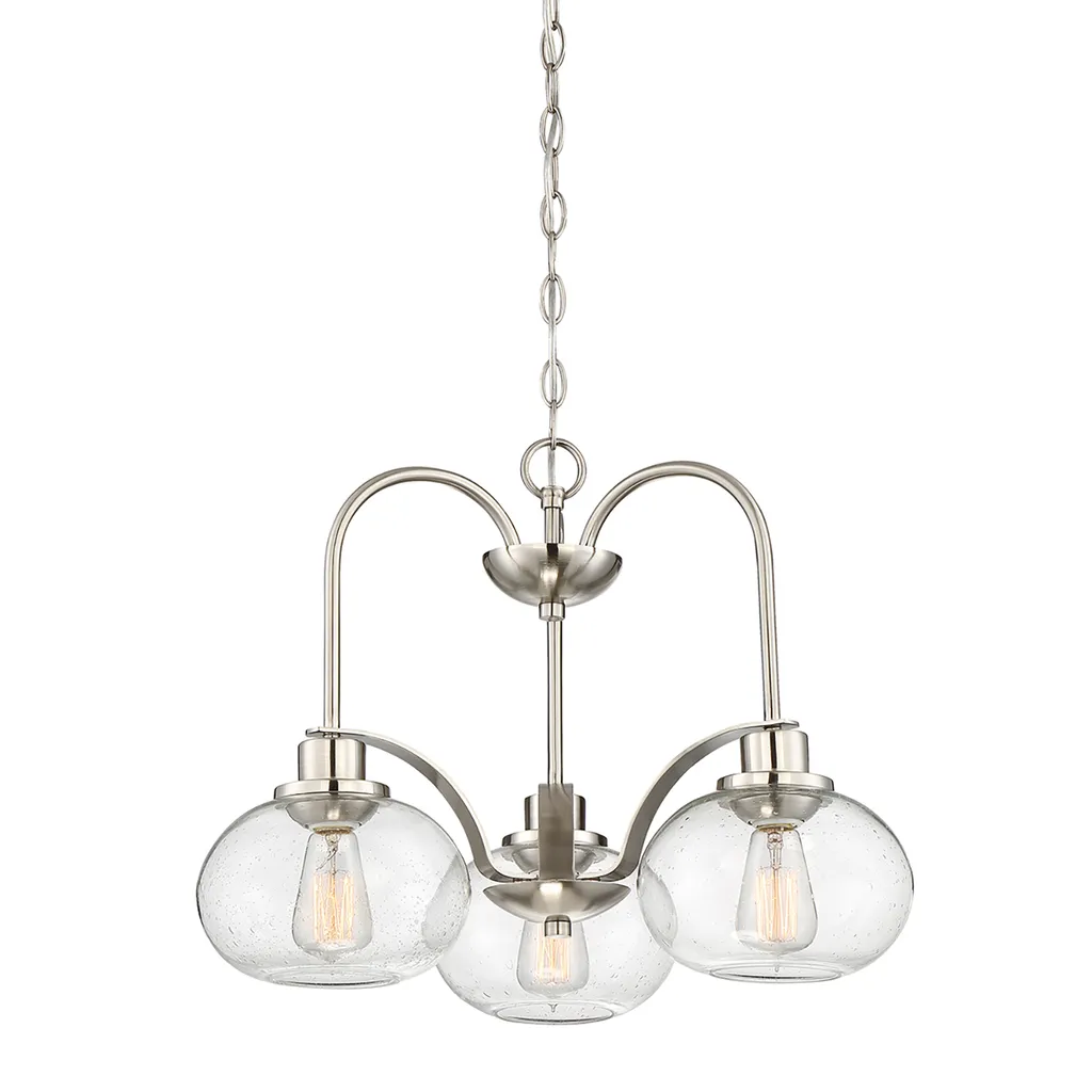Grand lustre de salon en verre et nickel brossé, suspension 3 lumières