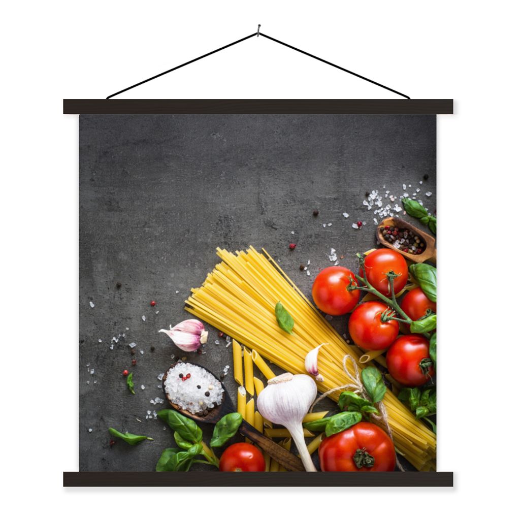 MuchoWow Textilposter Nudeln - Kräuter - Tomate - Gewürze - Rustikal 90x90 cm mit schwarzem Rahmen - Magnetisches
