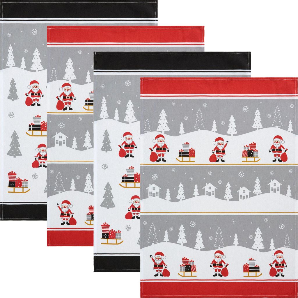 Erwin Müller Geschirrtuch Weihnachtsmann" 4er-Pack schwarz-rot-grau 50x70 cm"