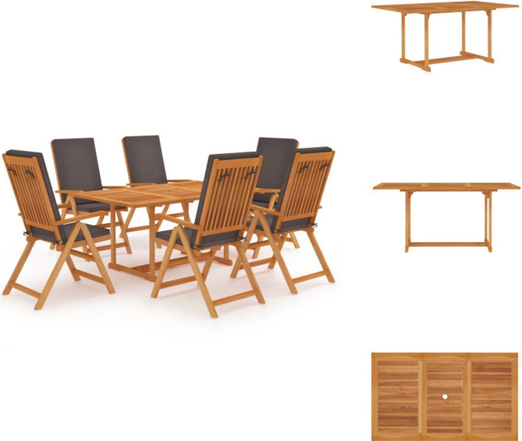 vidaXL 7-tlg. Garten-Essgruppe mit Grauen Kissen Massivholz Teak - Gartenmöbel-Sets