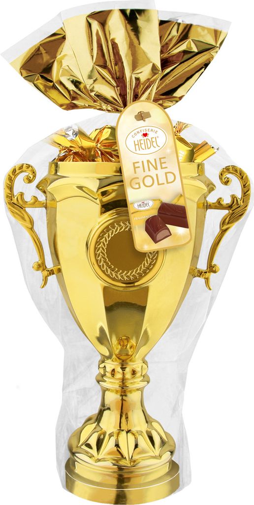 Heidel Gold Kunststoff Pokal mit Pralinen Schokoladenkugeln Produktbild 