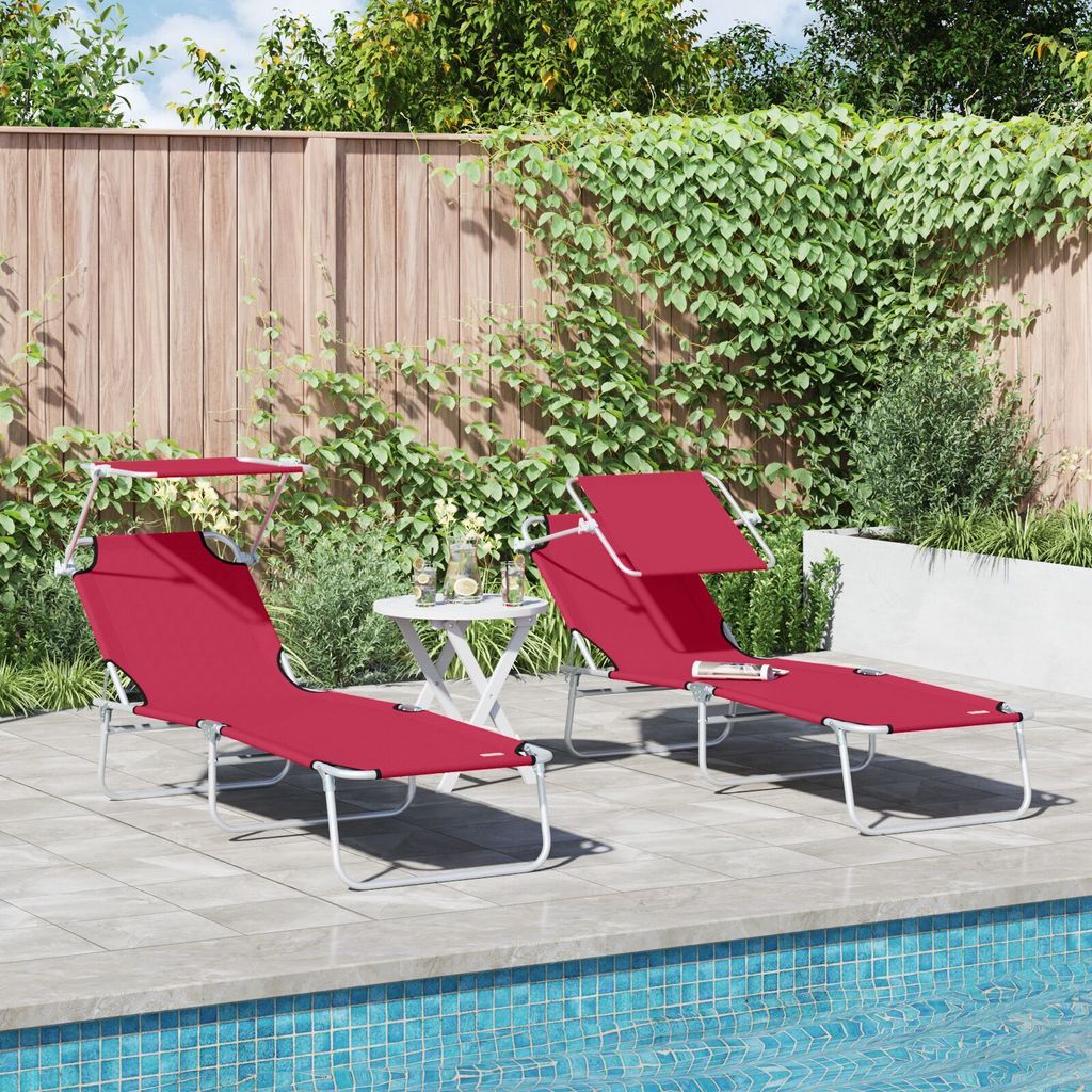 Klappbare Sonnenliegen 2 Stück mit Sonnendach Rot 600D Oxford-Stoff, Gartenliegen DesignMöbel Neu