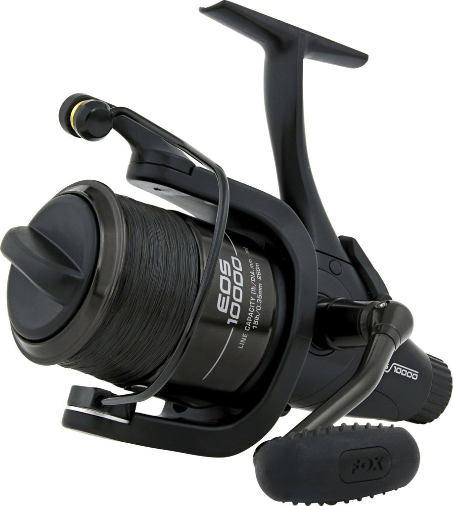 A black fishing reel is shown against a white background.