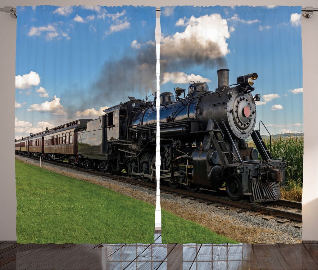 ABAKUHAUS Dampfmaschine Rustikaler Gardine, Land Zug, Schlafzimmer Kräuselband Vorhang mit Schlaufen und Haken, 280 x 245 cm, Schwarz Grün Blau