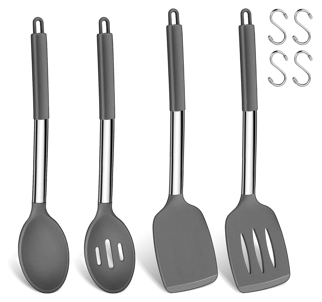 Küchenhelfer Set 4 Teile Silikon Pfannenwender und Kochlöffel Set, Hitzebeständige Küchenutensilien mit Edelstahlgriff, Kochbesteck für Kochen...