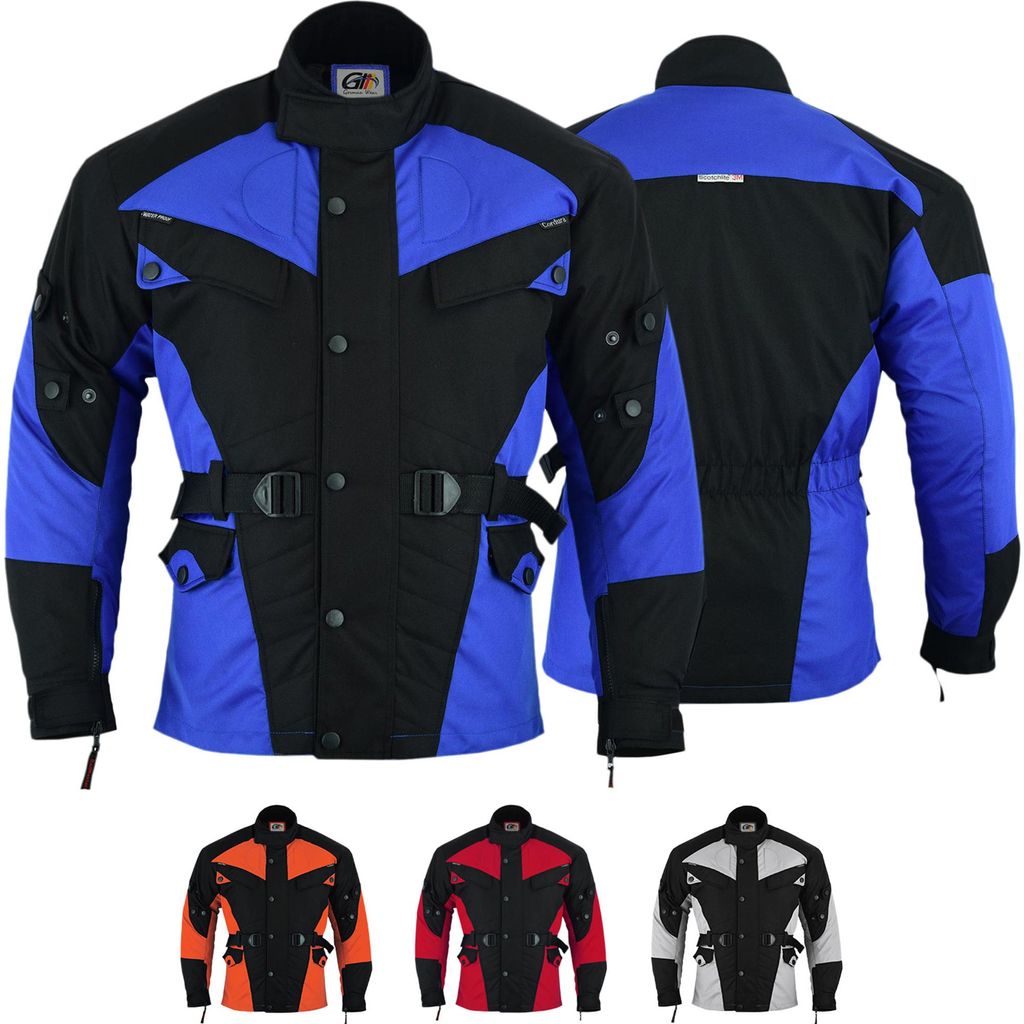Cordura-Herren-Motorradjacke in Blau, Vorder- und Rückansicht. Mit Protektoren für Arme, Brust, Schultern, Ellbogen und Rücken. Zwei Innentaschen mit Reißverschluss. Erhältlich in drei weiteren Farben.