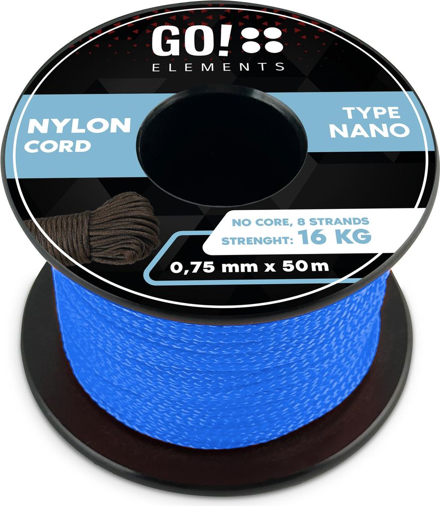GO!elements 50m Nano Cord Seil aus reißfester Nylonschnur - 0,75mm Nano Cord Typ Nano Schnur - geeignet als Allzweckseil & Reepschnur - Max. 16kg,...