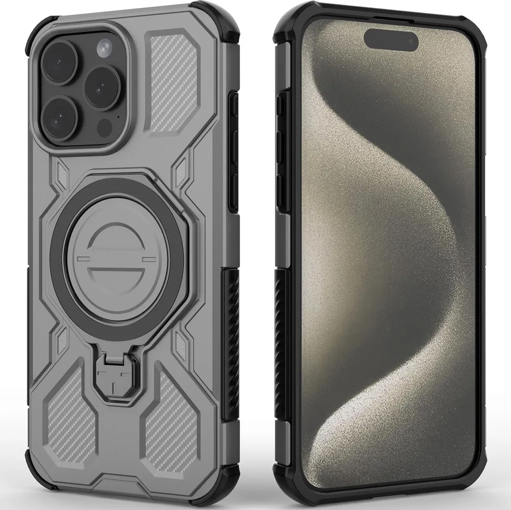 Cover Resistente Grigia per iPhone 15 Pro: Supporto Magnetico Integrato