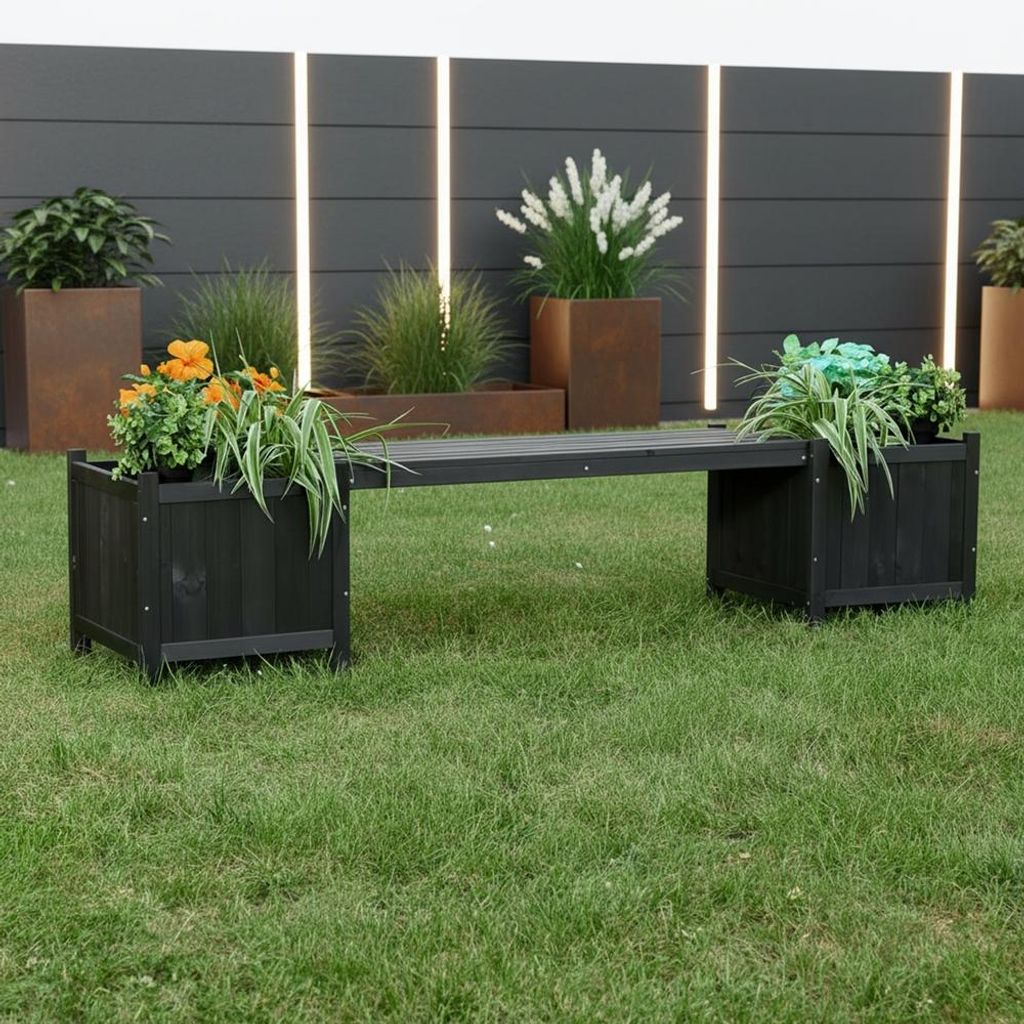 Gartenbank mit Blumenkästen aus imprägniertem Holz Produktbild 