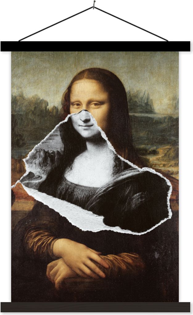 MuchoWow Textilposter Mona Lisa - Schwarz und weiß - Da Vinci 60x90 cm mit schwarzem Rahmen - Poster Wohnzimmer