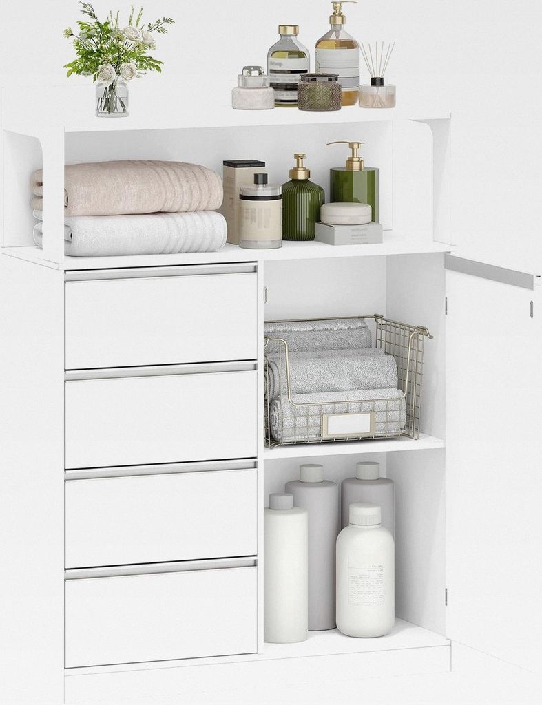 Badezimmerschrank, Küchenschrank, Aufbewahrungsschrank mit 4 Schubladen und Offenem Regal, Badschrank Hoch, Verstellbare Ablage, für Badezimmer, ...
